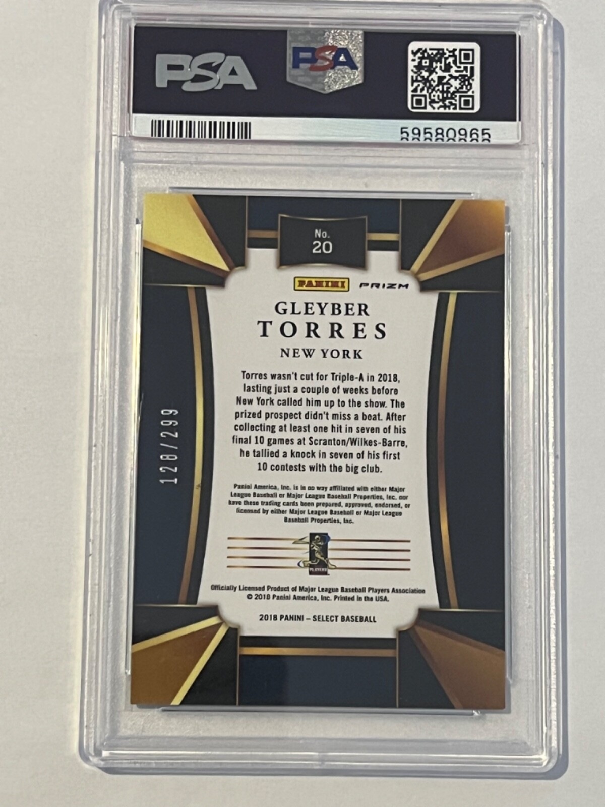 2018 Panini Chronicles Gletber Torres Select - Aqua #20 PSA 10 Gem Mint Yankees view 3