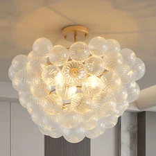 23'' Gold Pendant Light Ribbed Glass Ceiling Chandelier Kitchen Bedroom Fixture