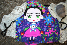 Frida Kahlo Mexican Handmade Apron w/Pocket Pinks Purples Blues Blue Teddy