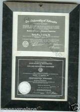 1942 & 1948 U Newbraska / Engineer Certificates in frame - ANKENY Family