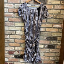 halston heritage bodycon ruched dress abstract print euc l large short sleeve