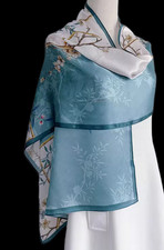 100 Silk Scarf Women neckerchief long Shawl Wrap floral blue beige yellow MY225