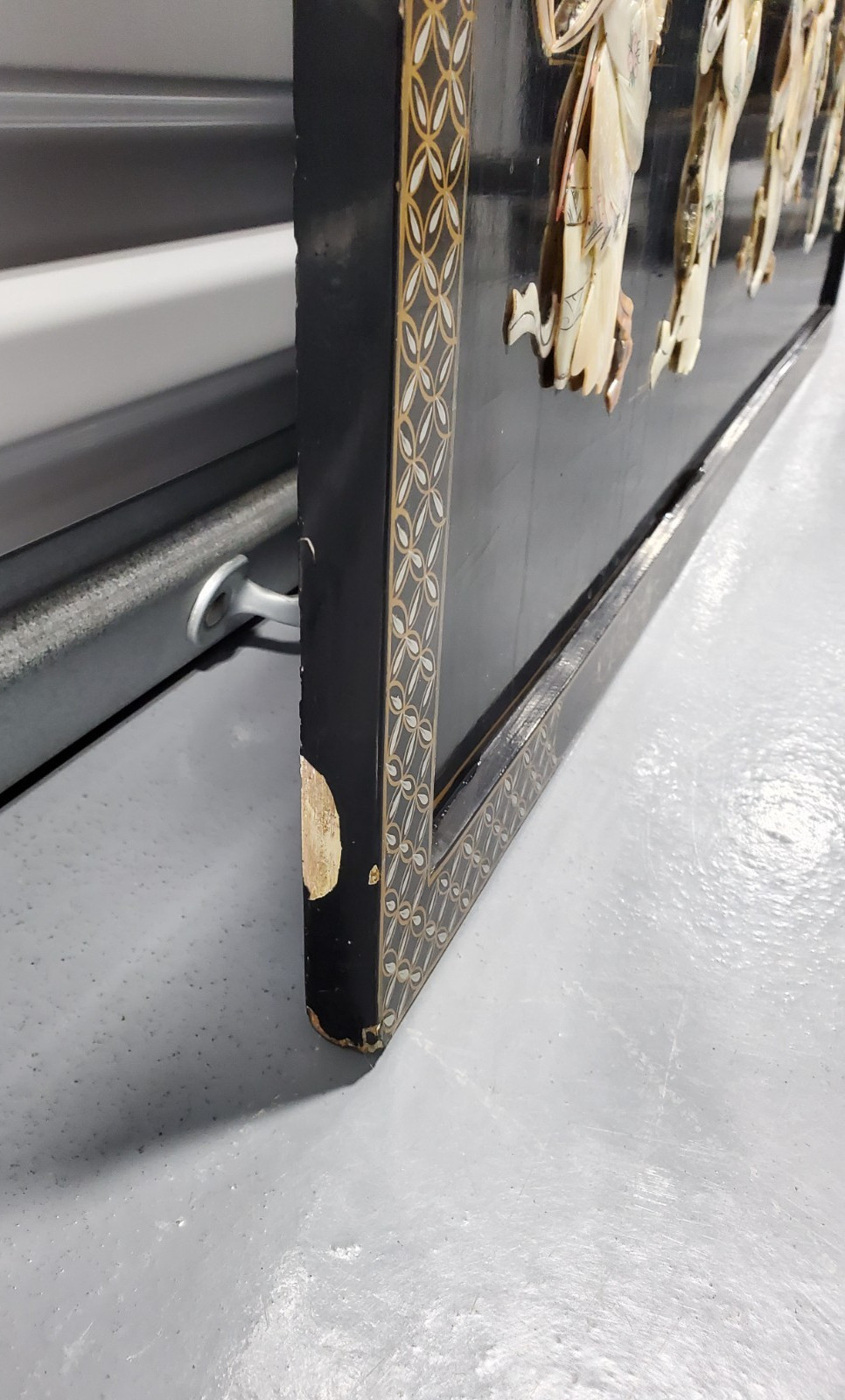 ASIAN CHINESE BLACK LACQUER WALL PANEL MOTHER OF PEARL WOOD MUSIC DANCERS 48x36