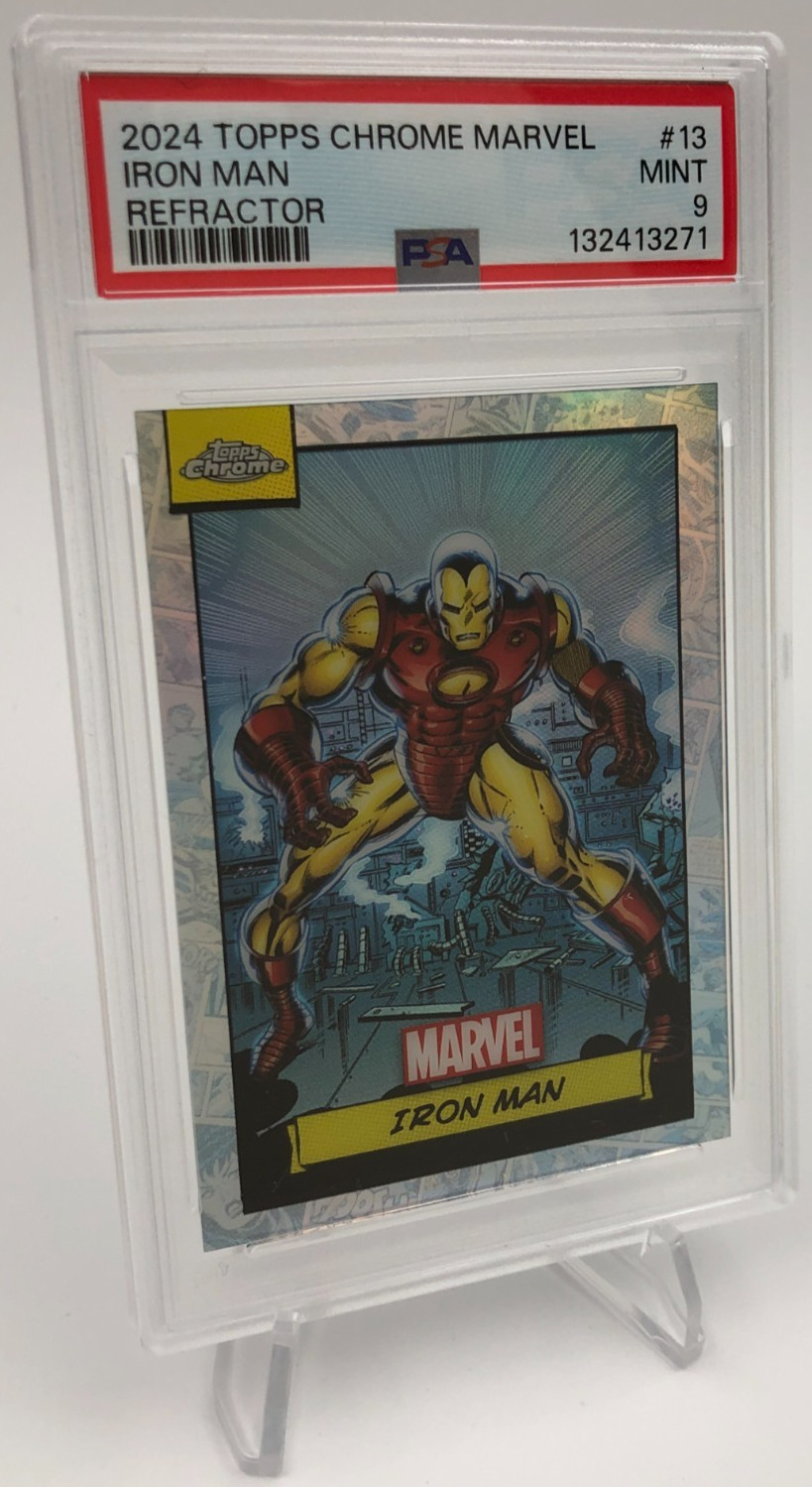 2025 TOPPS CHROME MARVEL Card  IRON MAN #13  REFRACTOR  graded slab PSA MINT 9
