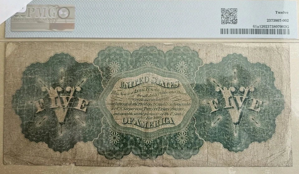 1862 $5.00 Legal Tender Alexander Hamilton F-12 PMG Fr. 61A Fine Problem Free - Image 2 of 4