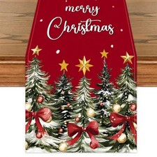 Christmas Tree Bow Table Runner 13x72 Inch,Winter Snowflakes Starts Red