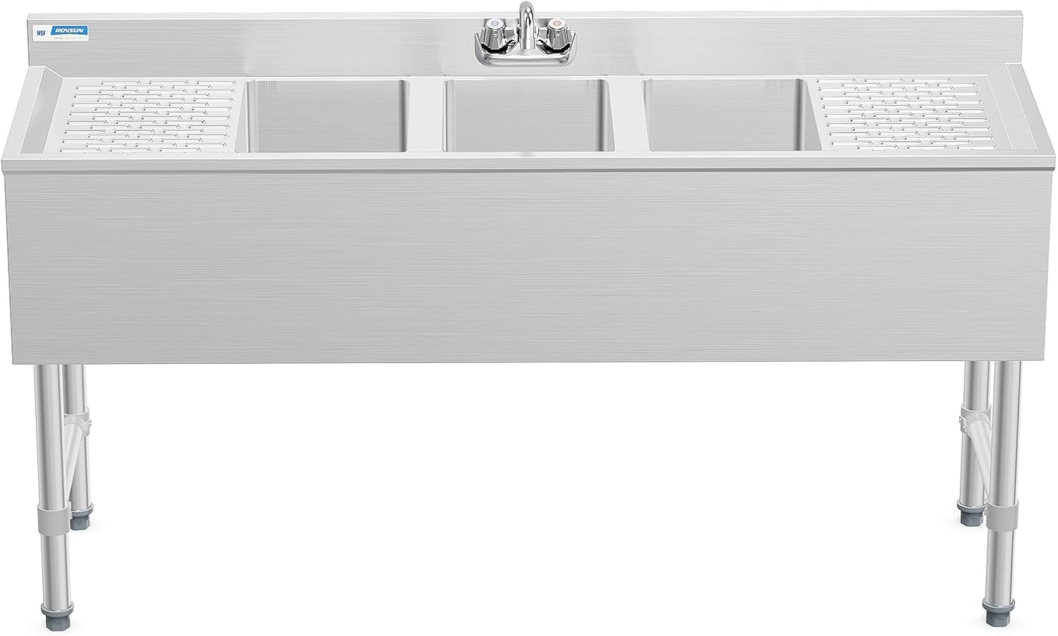 Freestanding 3 Compartment Commercial Sink with Double Drainboard for Restaurant