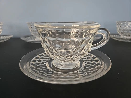 American Fostoria Whitehall Clear Cube Elegant Flared Glass 1 Cup 1 Saucer Set