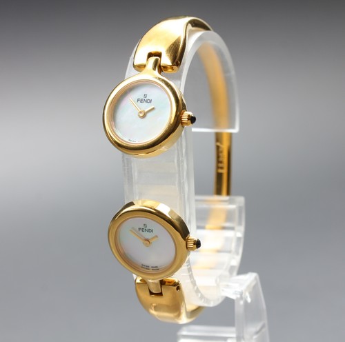 FENDI Orologi Double Face 2 Time Zones Gold Shell Dial Qz Women's Watch w/Box