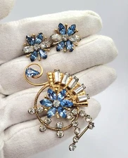 Vintage Blue Rhinestone Brooch Earrings Set Floral 12K Gold Filled Signed Amco