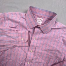 Brooks Brothers Non Iron Dress Shirt Mens 15 32 Supima Cotton Pink Blue Plaid