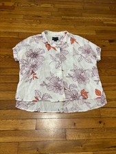 Rachel Roy Womens 100% Linen Button Up Shirt Sz Large White Floral Blouse Top