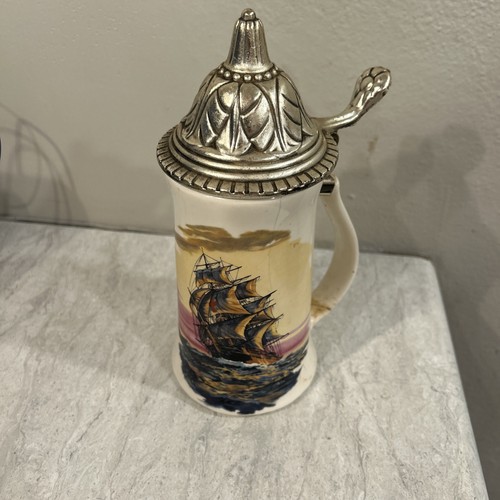 McCoy Pottery Ceramic Beer Stein Clipper Ship - Stratford Pewter Lid USA