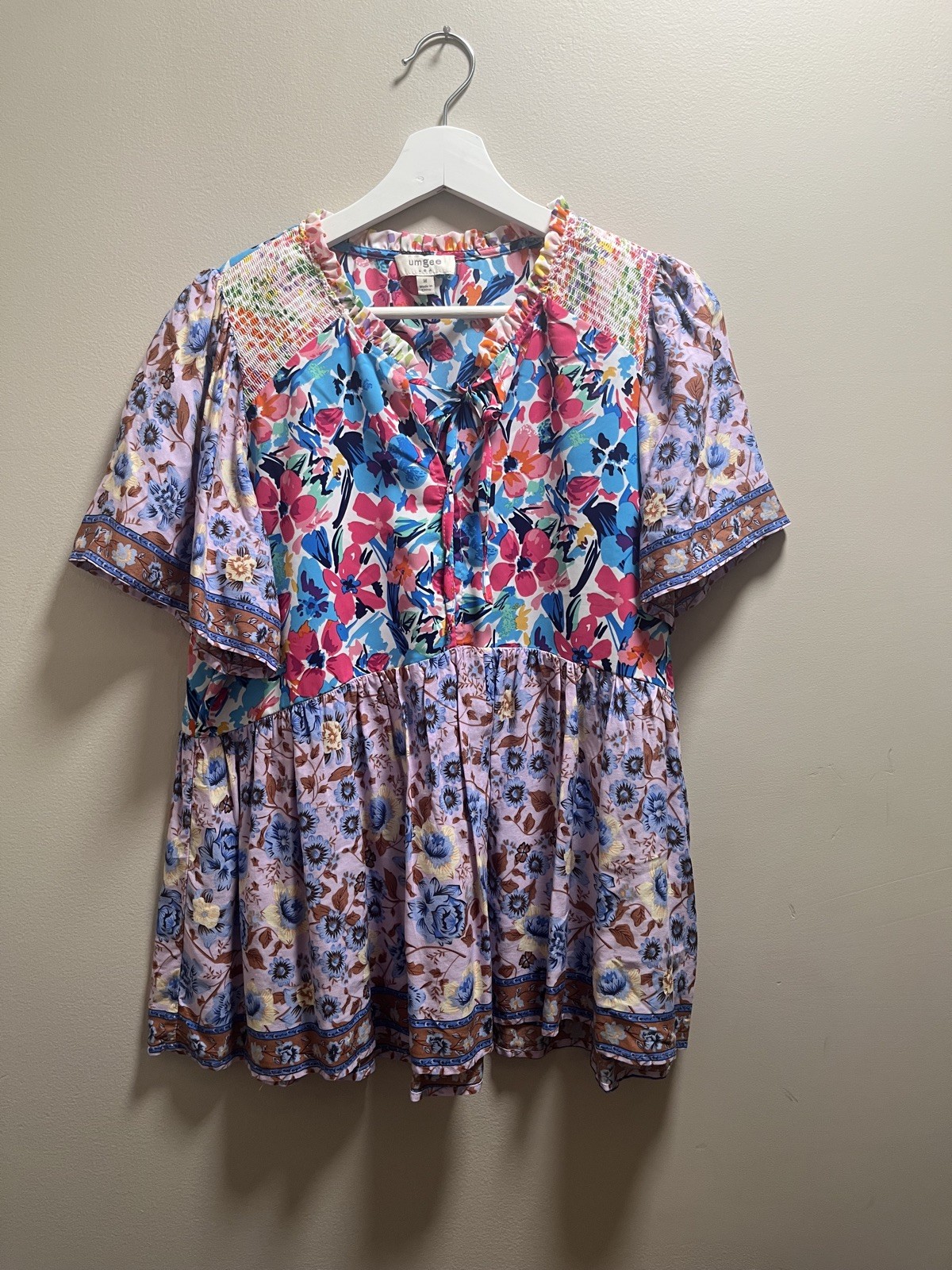 Umgee Women’s floral  Blouse Patchwork Boho Tunic… - image 1