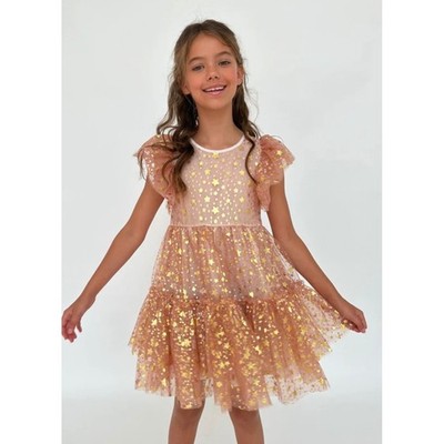 Lola + The Boys Goldie Star Dress Pink Tulle Foil Tiered Flutter Sleeve Size 12