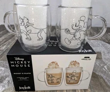 New Joy Jolt Disney Mickey Mouse & Pluto Coffee Tea Glass Cup Mugs 13.5 oz  Set 