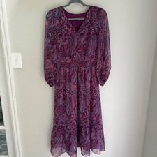 Talbots Midi Dress Burgundy Paisley Metallic Lurex Smocked Tiered Sheer Size 6