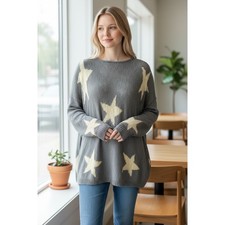 Chelsea & Theodore Women's Medium Blue Gray Cream Star Knit Sweater Lightweight