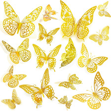 3D Butterfly Wall Decor Sticker -48 Pcs, 4 Styles, 3 Sizes Gold Butterflies Deco