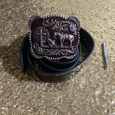 Western Americana Belt Buckle with leather belt Horse and Cross Motif 40 to 42