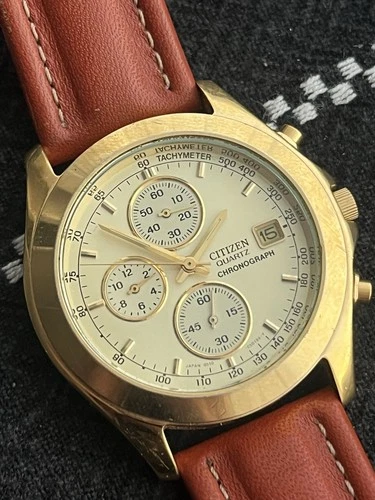Citizen Mens Chronograph Watch Gold Plated Vintage Leather Strap Date 40mm
