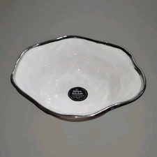 Porcelain Serving Bowl Vegetable Side Dish White Silver Rim Peltrina Christmas 