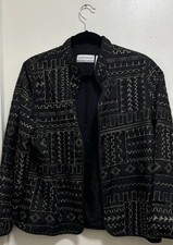 Alfred Dunner Petite Black Gold Embroidered Geo Print Lined Open Blazer Sz 12P