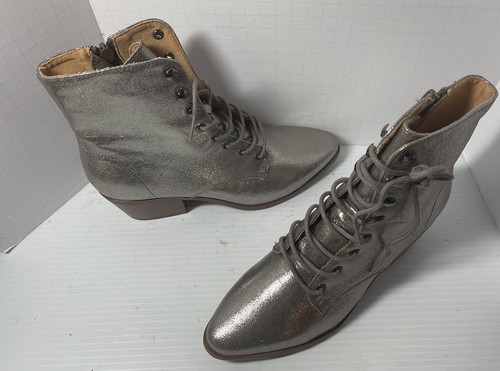 New Women's 6.5 Qupid Boots Metallic Silver Lace Up & Side Zip Above Ankle - 第 10/17 張圖片