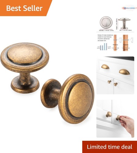 Stepped Round Cabinet Knob Antique Brass 31mm Easy Install 10-Pack for Furniture