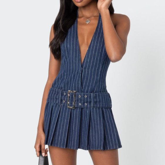 blue pinstripe mini dress HAPPY HOUR PINSTRIPE MINI DRESS