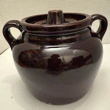 Stoneware Brown Crock Bean Pot Brown Glazed 2 Handles With Lid Made In USA