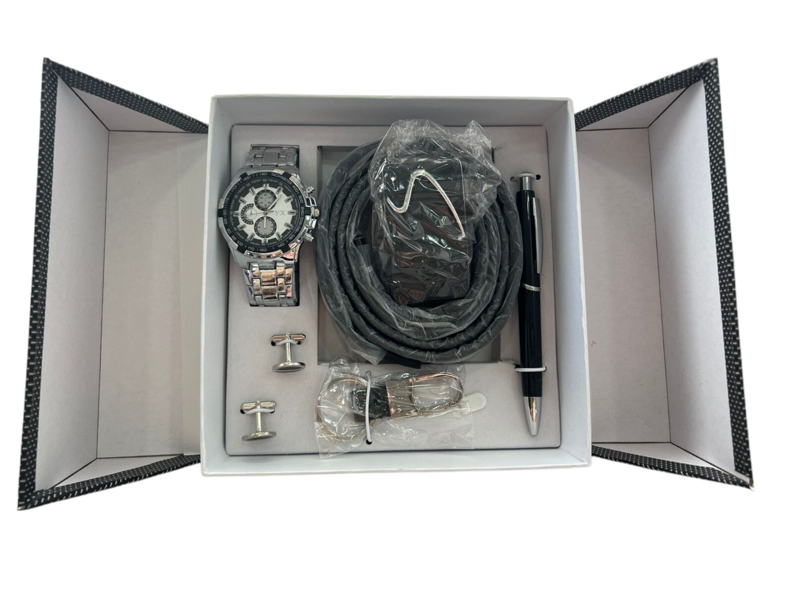 X Set Regalo Para Hombre Reloj Gemelos Pluma Cinturón Llavero Cofre Lac