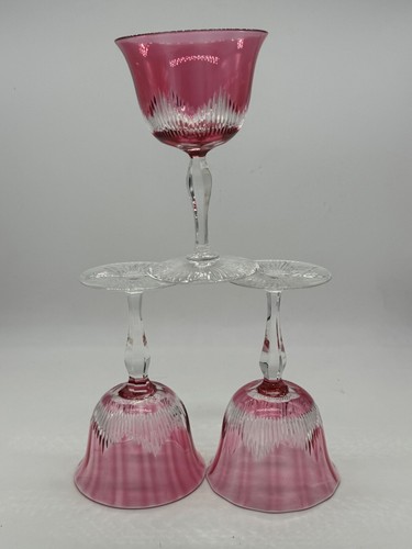3 pink , crystal . cordial glasses etched design 4 3/4" high, France - Picture 8 of 15