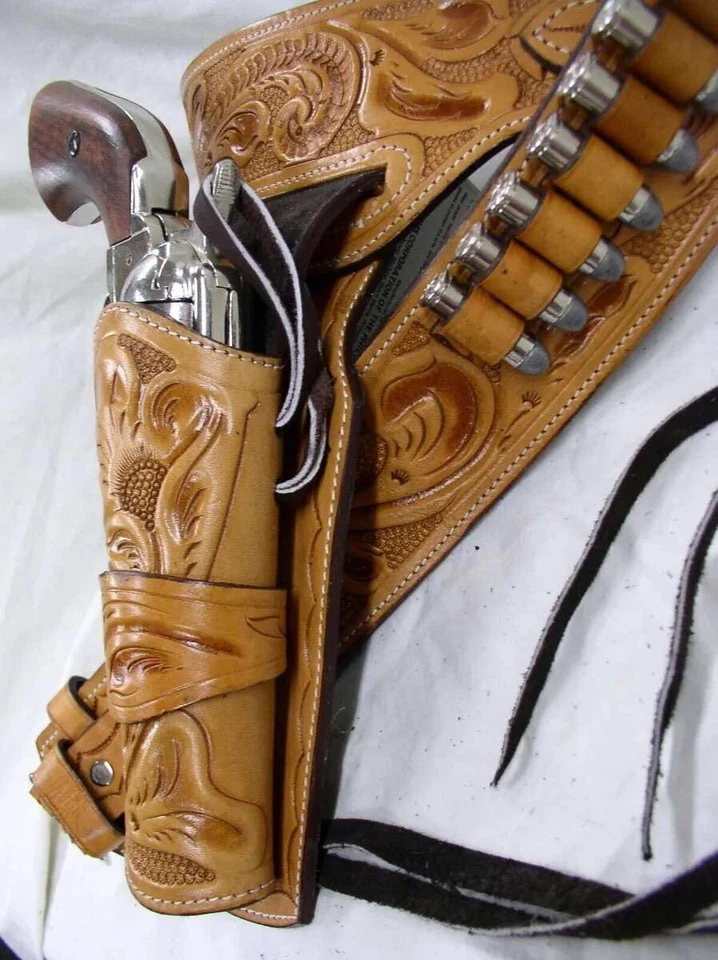 Western Gun Holster Belt Leather Revolver Pistol Tooled .22 .35/357 .44/45 Cal - Image 2 of 4