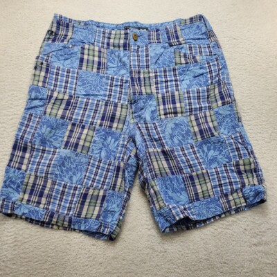Izod Patchwork Mens 34 Shorts Madras Blue Plaid Chino Flat Front Golf  Preppy Y2K
