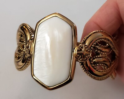 QVC BARSE Goldtone Bronze & Mother of Pearl Cuff Open Work Filigree Bracelet