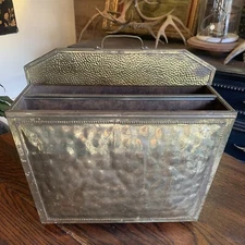 Vintage Hammered Brass On Wood Magazine Rack W/ Two Slots Craftsman
