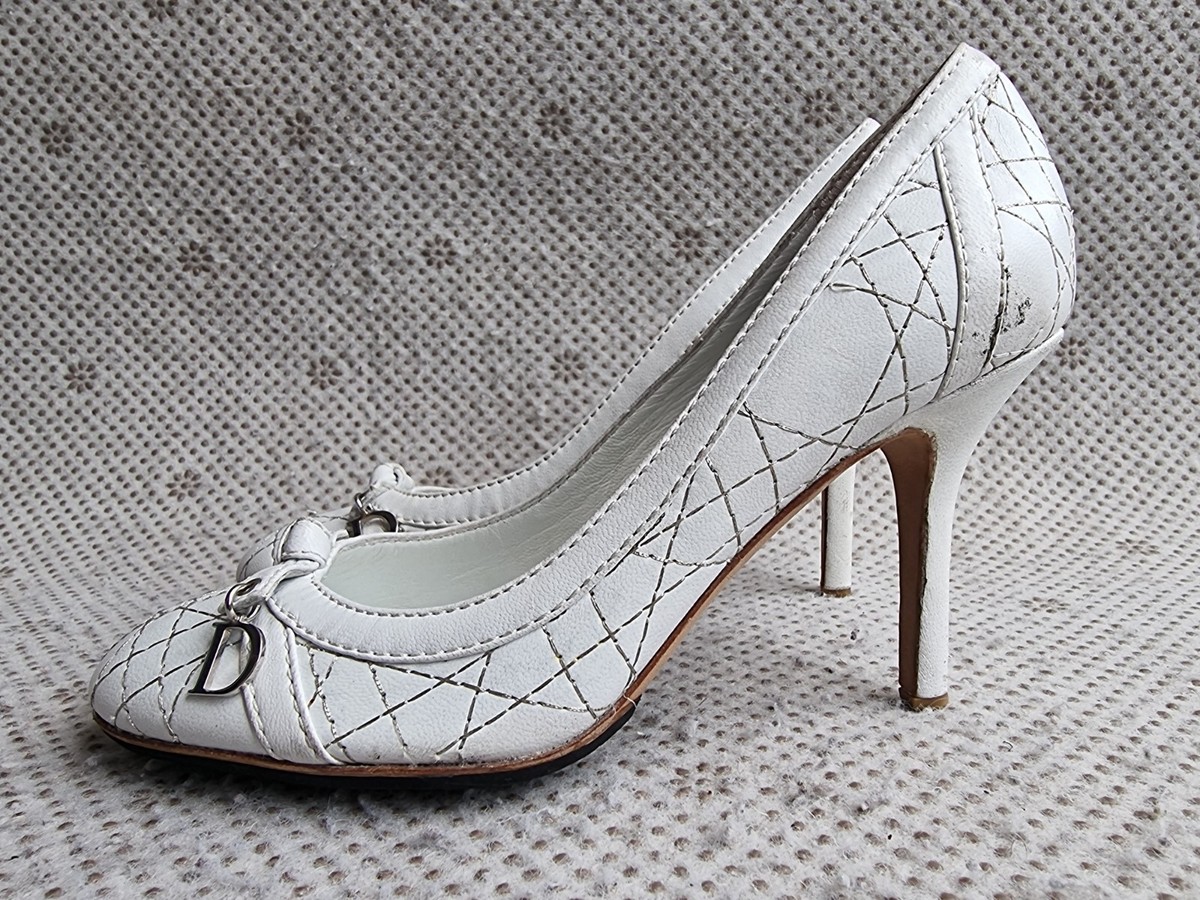 Christian Dior Off-white Cannage Leather Peep Toe Heels 36