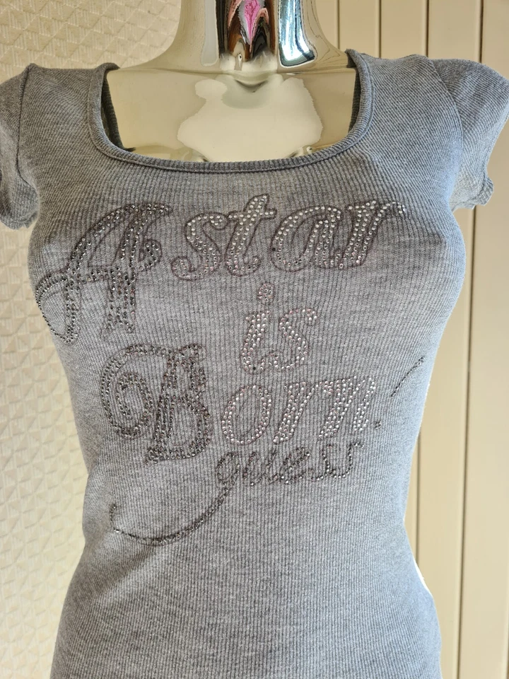 T shirt Guess Manches Courtes Taille S Gris Argenté Strass Brillant Femme - Photo 3/4