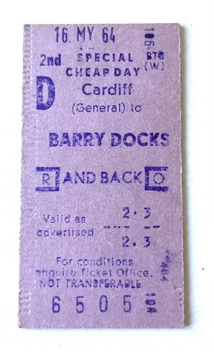 Vintage 1960s British Railways Station Train Ticket CARDIFF to BARRY DOCKS Wales
