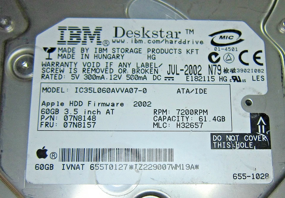 Genuine 60GB IBM IC35L060AVVA07-0 Apple P/N: 655-1028 3.5'' ATA/IDE Hard Drive - Image 4 of 4