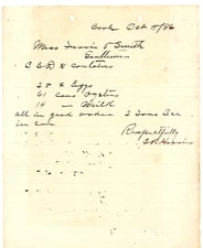 1886 Handwritten Farm Supply Receipt Eggs, Tomatoes & Milk Delivery Savanah GA