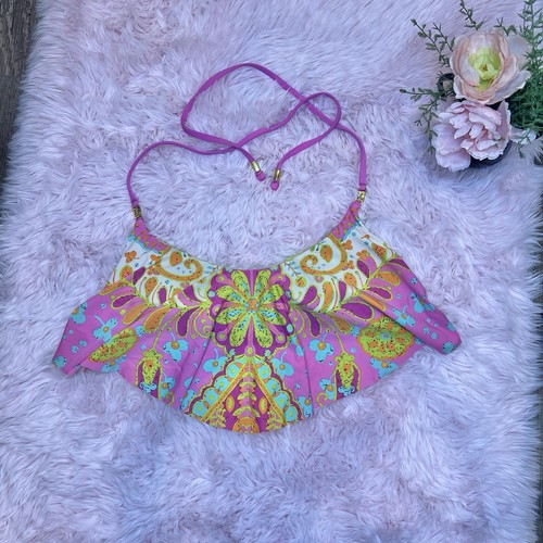 Trina Turk Pink Green Blue Colorful Paisley Floral Ruffle Bikini Top Sz 8 Cruise - Picture 2 of 8
