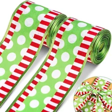 New Syhood 2 Rolls Christmas Ribbon Wired 2.5 Inch Dots with Stripes 6 Yard Long
