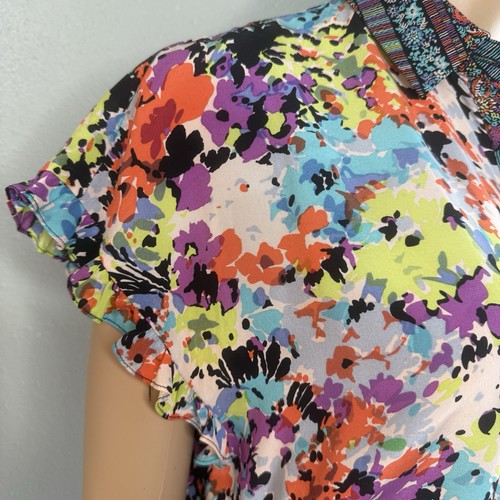 Nanette Lepore Short Sleeve Button Up Blouse Multicolor Orange Green Black Sz 12 - Picture 3 of 8