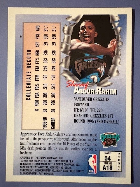 1996-97 Shareef Abdur-Rahim Topps Finest Apprentices w/Coating - Image 2 of 2