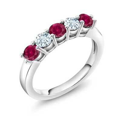 925 Sterling Silver Created Ruby and Aquamarine 5-Stone Wedding Anniversary