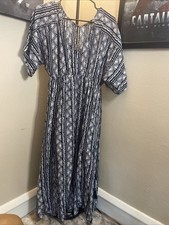 AaKaa Boho Maxi Dress Blue White V Neck Flowy Festival Wome's Size Medium