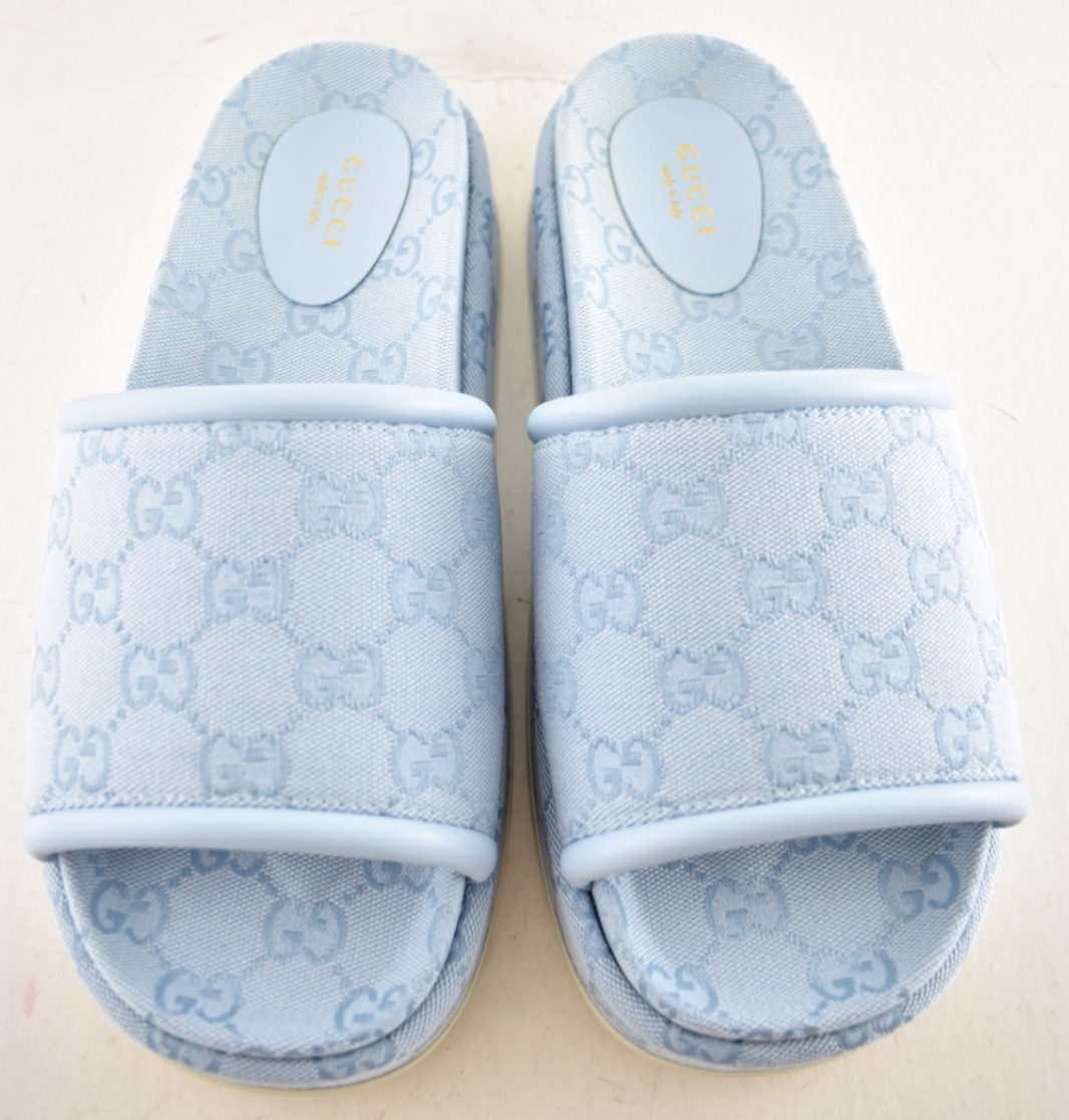 Gucci Light Blue GG Monogram Logo Canvas Mule Flat Slide Platform