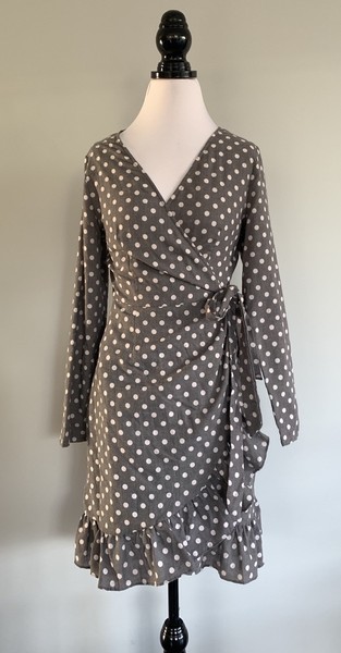Ava Grey White Polka Dot True Wrap Dress Size 12